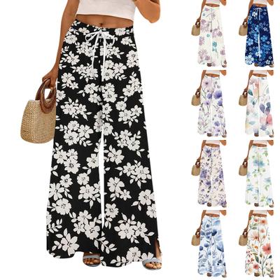 Women's Printed Wide Leg Pants With Pockets High Waist Drawstring Loose Casual Pants