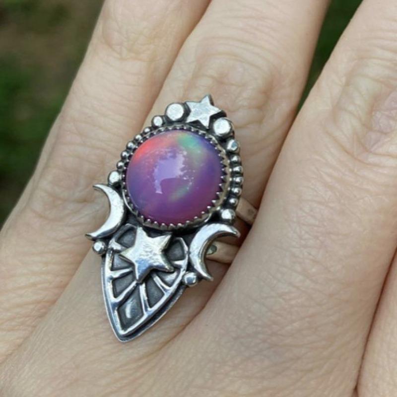 Vintage Silver Color Moon Star Rings for Women Trendy Round Inlaid with Red Purple Stone Party Rings Jewelry