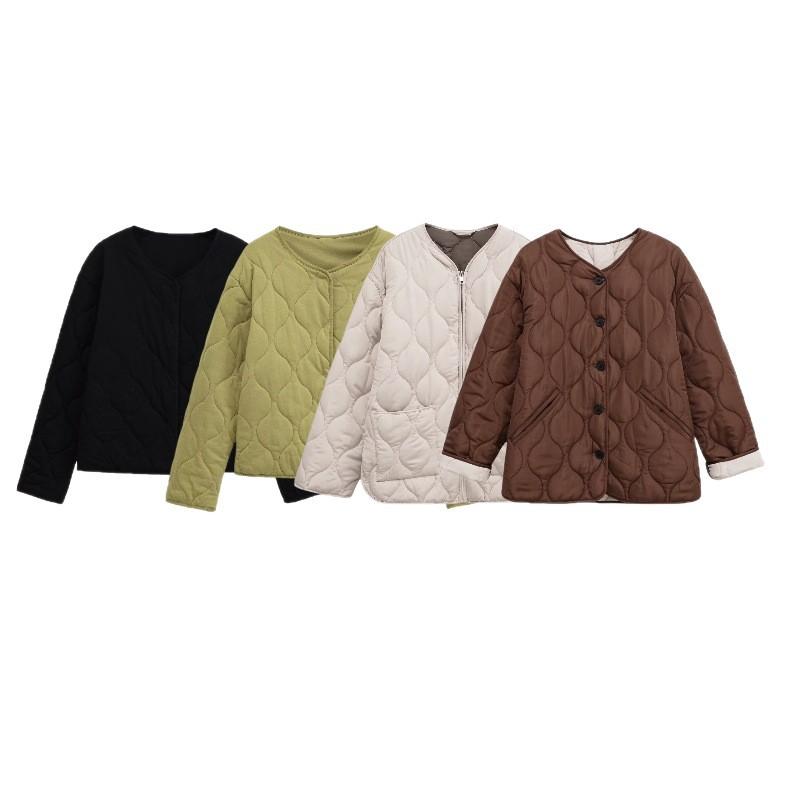 Women's Clothing Winter European and American Style Quilting Cotton Round Neck Long Sleeve Single-breasted Pocket Loose Cotton Jacket Thick