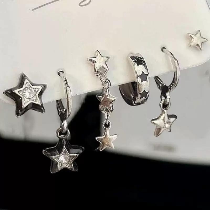 6PCS Set Goth Red Crystal Star Heart Black Pentagram Pendant Earring For Women Vintage Aesthetic Trendy Jewelry Accessories