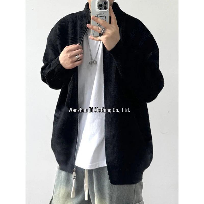 Men's Gray Knit Cardigan: Autumn Relaxed Fit Stand-Up Collar Jacket