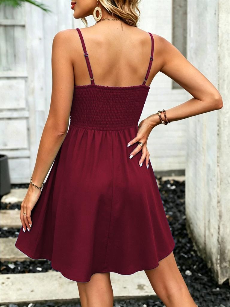 Spaghetti Strap Dress Dress Women Casual Solid Color High Waist  Pleated Short Dresses Elegant Sleeveless Dress