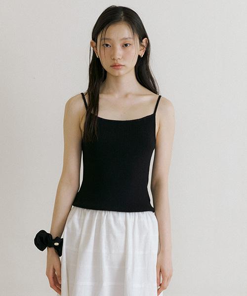 Lingseoul Cotton Blended Ribbed Sleeveless Top-Black