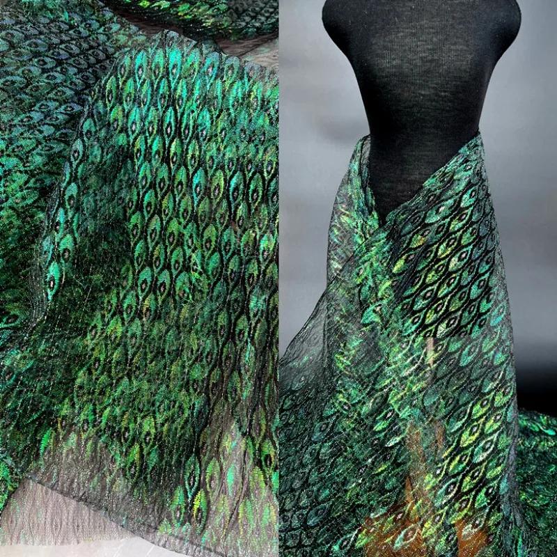 100x150cm Mesh Fabric Colorful Peacock Feather Hollow Perspective Designer Lightweight Hanfu Cloth Diy Apaprel Sewing Fabric