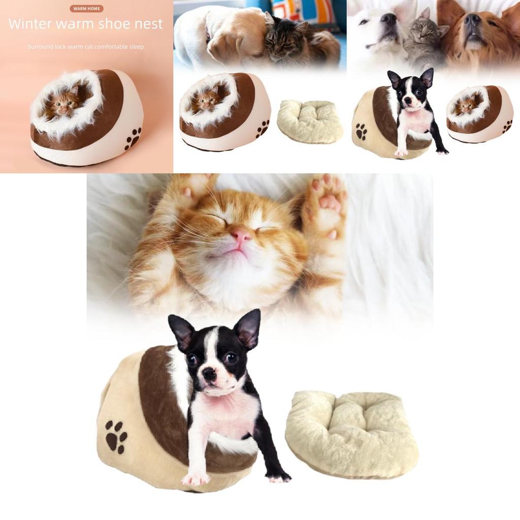 Cozy And Washable Cat Bed With Semi Enclosed Design For All Seasons In Brown And Gray