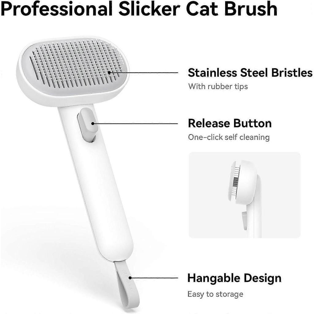 White Cat Brush with Release Button, Cat Grooming Brush for Shedding Indoor Cats, Pet Comb for Long & Short Haired Cats