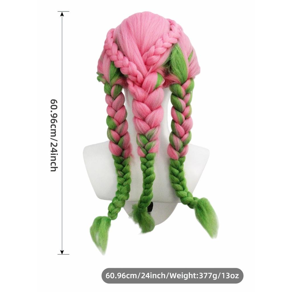 Demon Slayer Kanroji Mitsuri Cosplay Wig|Pink-Green Gradient Double Braids|Anime Role-Play Hairstyle|High-Temp Fiber Synthetic