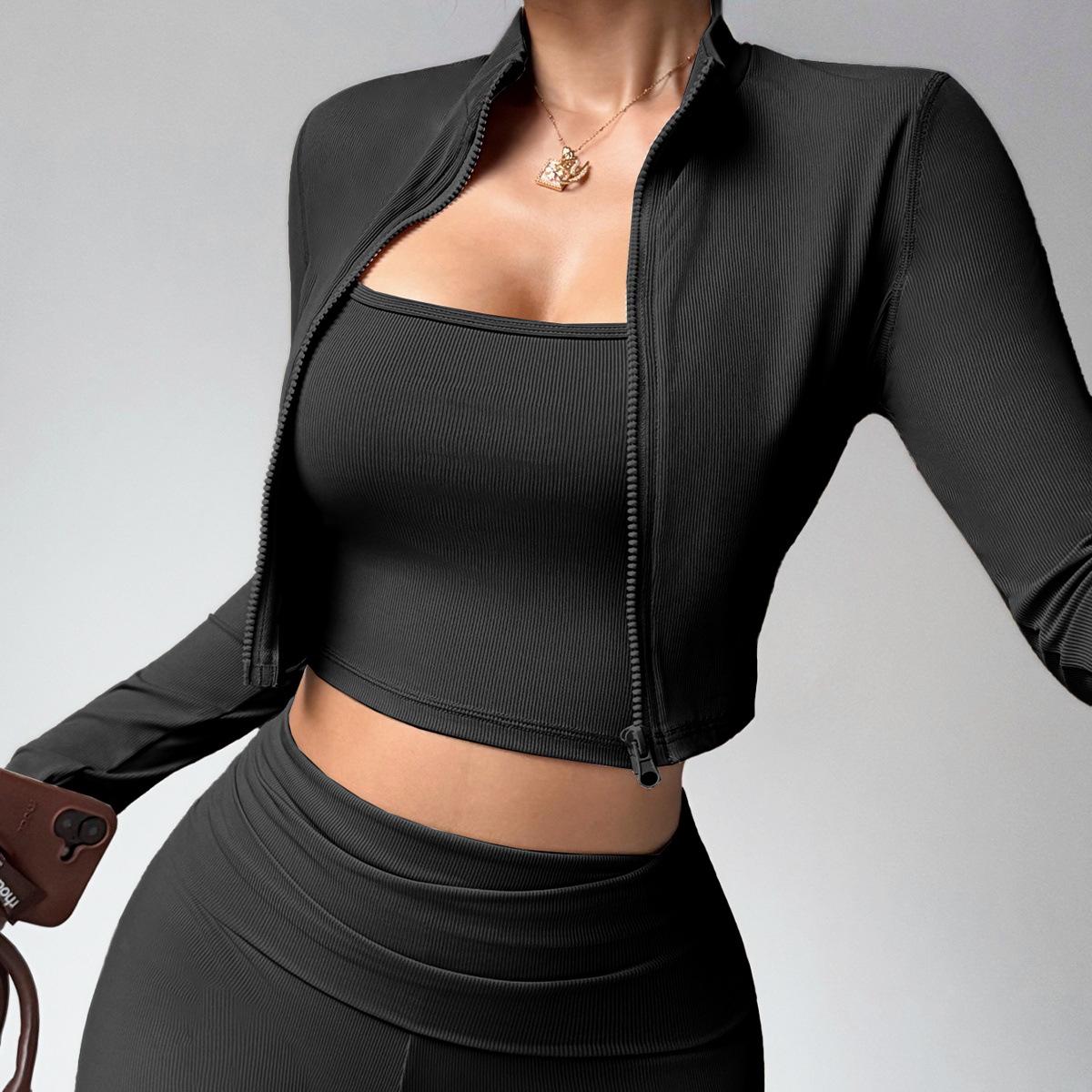 

Women s Spring-Summer Yoga & Running Quick-Dry Fitness Cardigan 3-Piece Set Small (recommended 80-95 jin) чорний