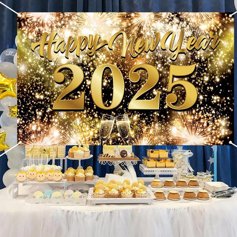 2025 Happy New Year Banner 71 X 43in Photo Booth Firework New Year Party Decoration Background New Year Photo Backdrop Elegant