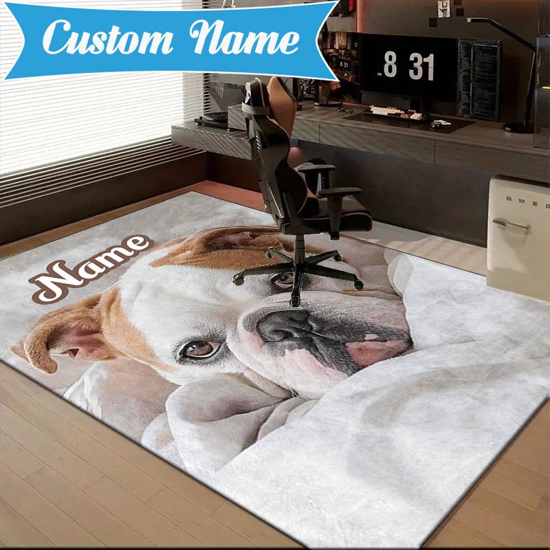 Custom Name Bulldog Comfortably Rug for Living Room, Game Rooms, Office, Bedroom, Floor Mat Playful Design, Fan Gifts Christmas Decor