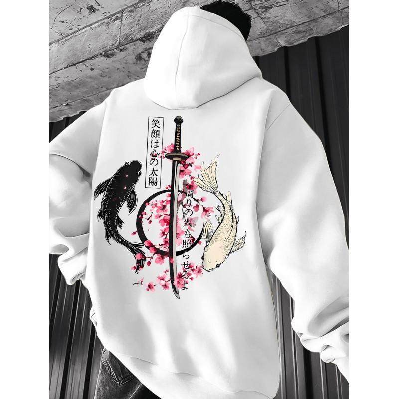 Unisex Oversized Hoodie Met Japanse Koi Zwaard Kerselbloesem Ukiyo-e Print Losse Pasvorm Streetwear