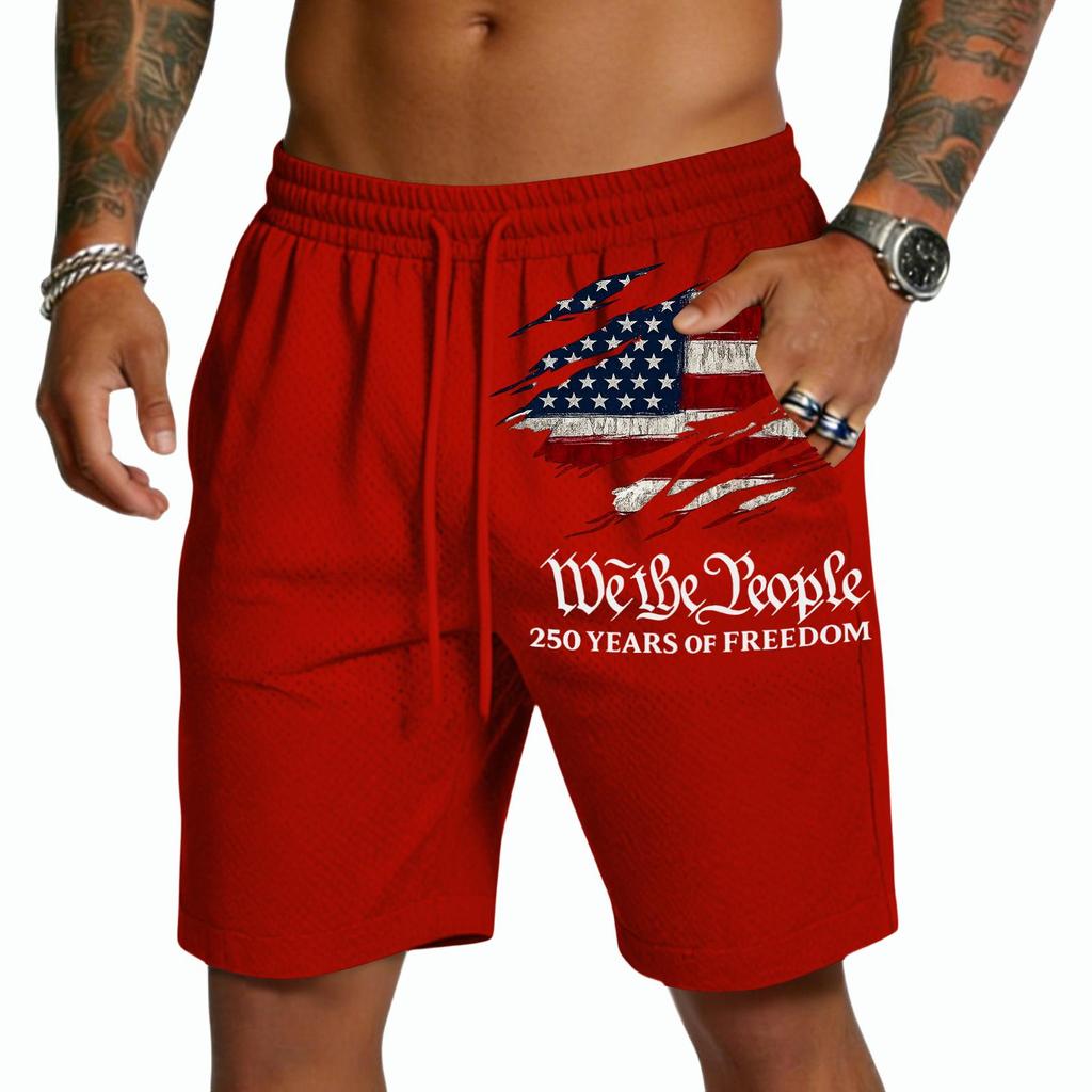 Pantalones Cortos de Malla para Hombre con Cintura de Cordón y Gráfico de Bandera We The 250 Años de Estilo Holgado