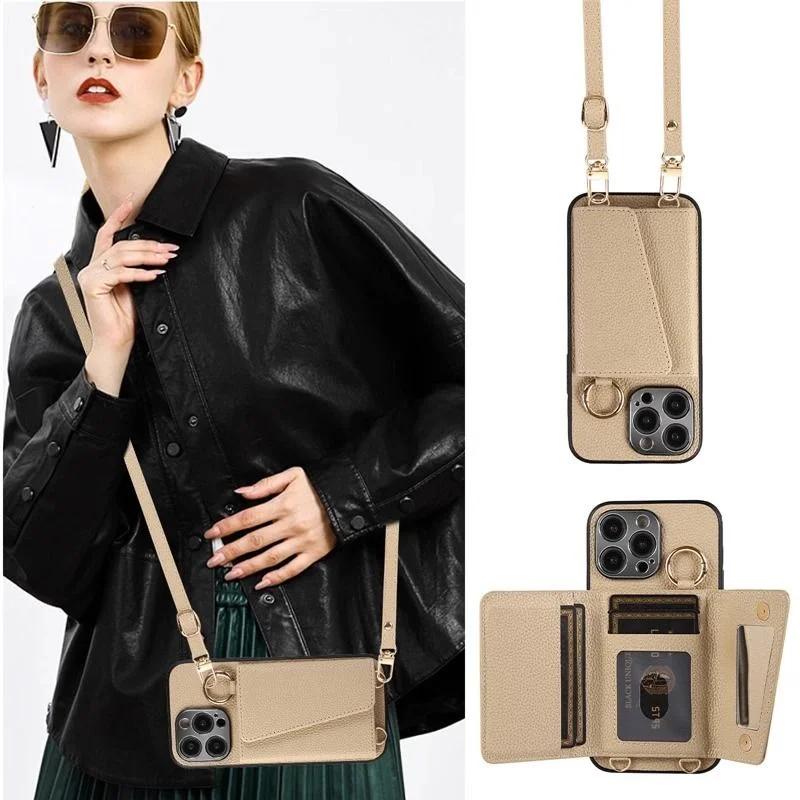 

High-end Crossbody Finger Ring Buckle Leather Case For iPhone 16 Pro Max 15 14 Plus 13 12 11 Long Rope MultiCard Wallet Card Bag For iPhone15 верблюд