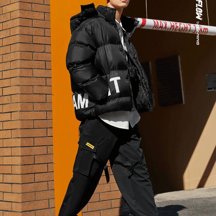 Li Ning CF Letter Print Warm Hooded Down Jacket Unisex Outerwear Black AYMR504-2