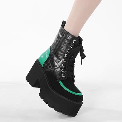 Mode 2024 Dicke Hochhackige Damen Lackleder Stiefeletten Runde Zehenpartie Schnürung Reißverschluss Damen Kurze Stiefel Gothic Damenschuhe