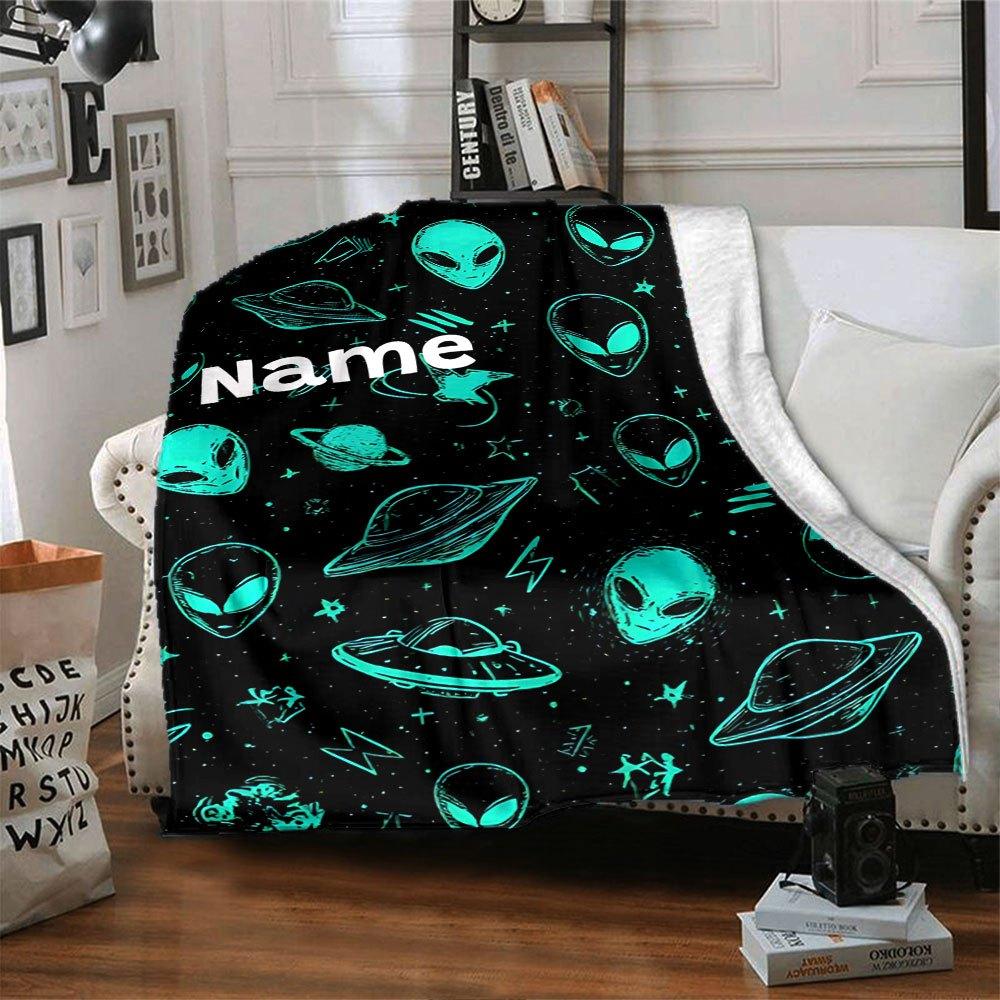 Alien Space Adventure Lightweight Personalized Blanket Customize Your Name Ultra Soft Throw For Sofa Couch Office Bed Picnics Ideal For All Seasons