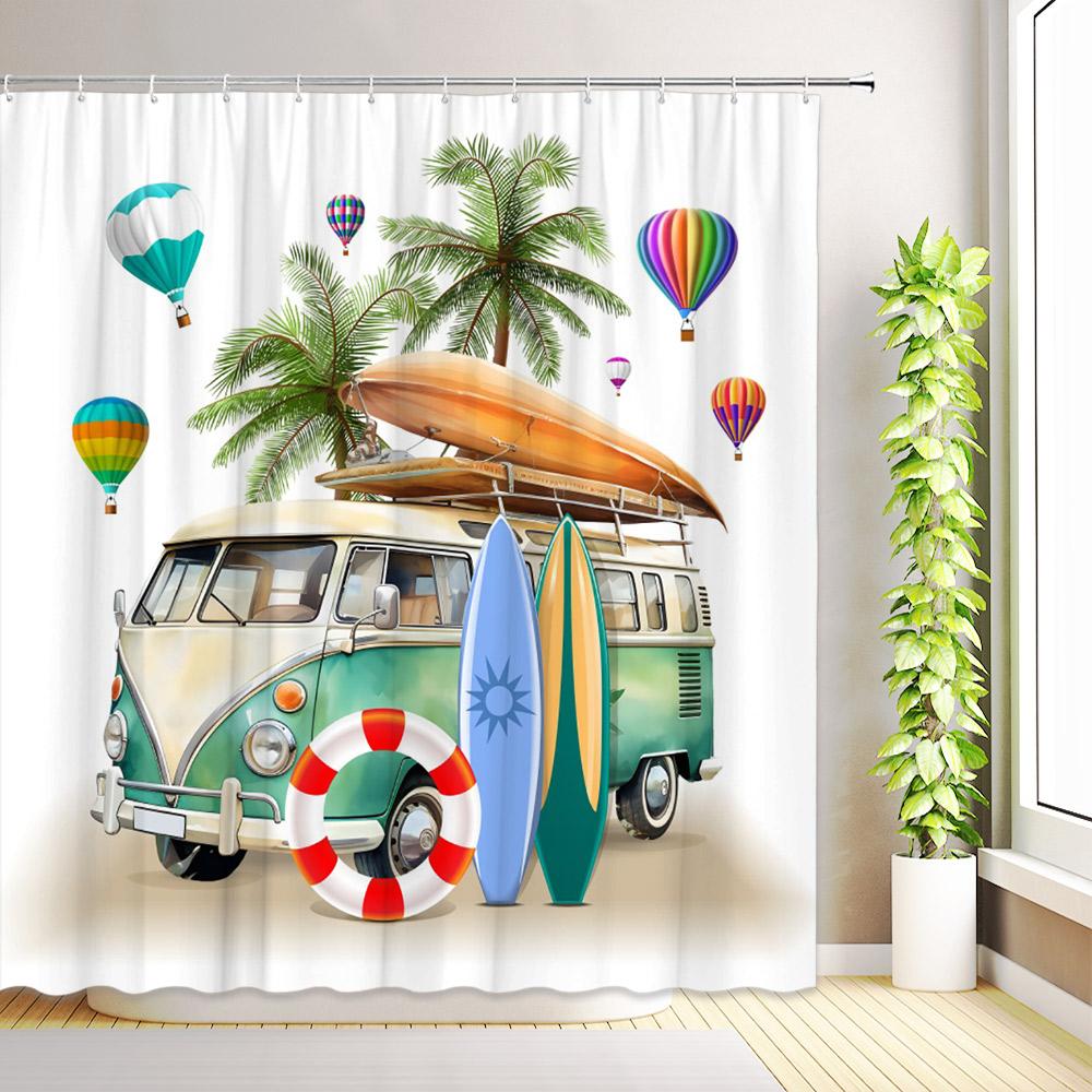 Tropical Palm Tree Travel Camping Car Shower Curtains Summer Ocean Surfboard Beach Camper RV Flamingo Bathroom Decor with Hooks