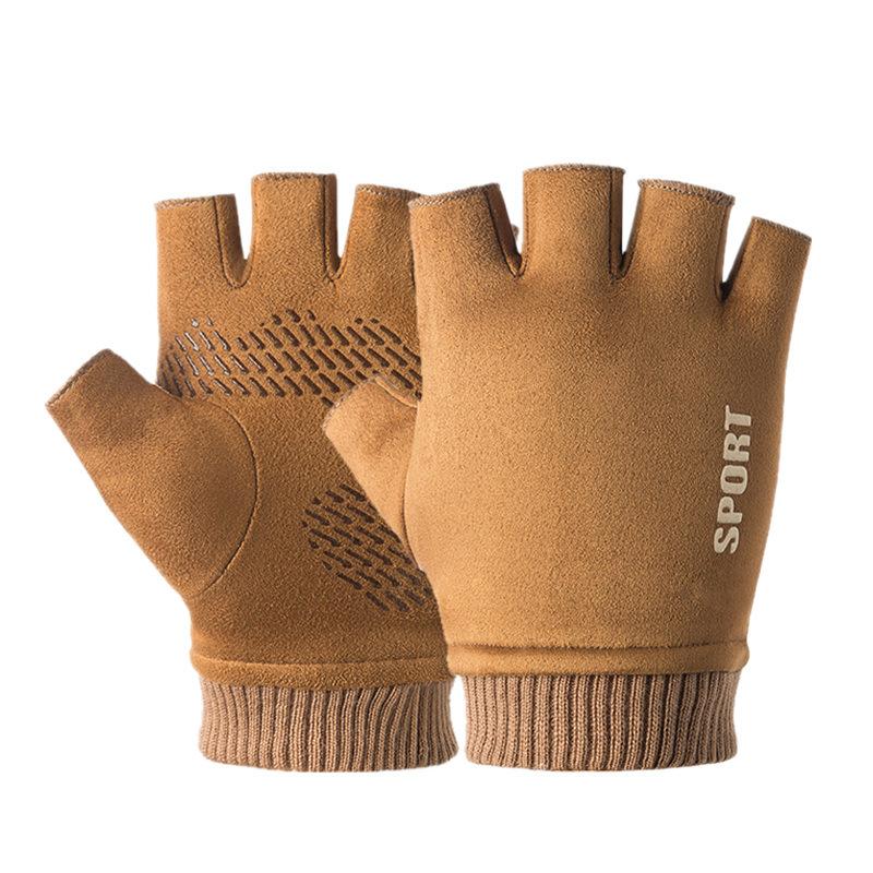 Warm Gloves Suede Plus Velvet Outdoor Riding Driving Anti Slip Two Finger Half Finger Touch Screen Autumn and Winter Gloves