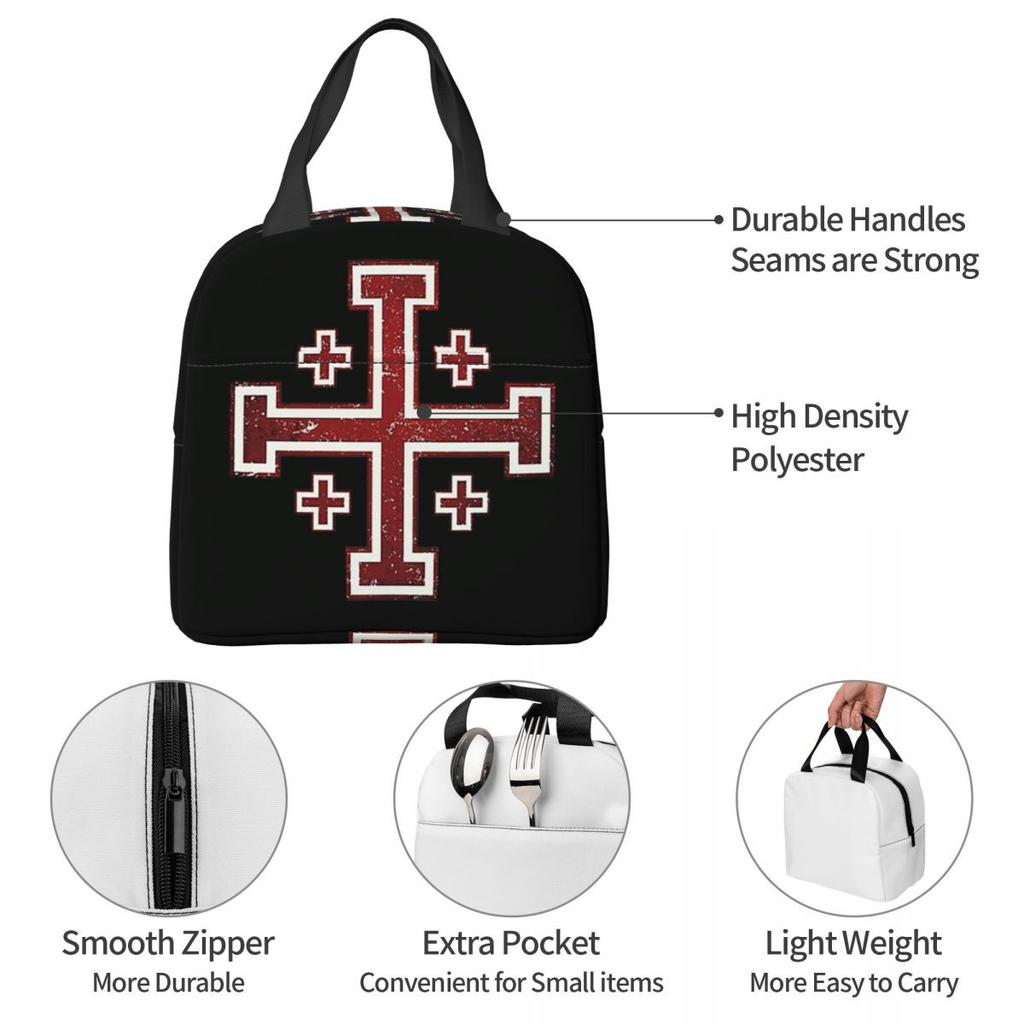 Jerusalem Cross Medieval Knights Cross Crusader Insulated Lunch Bag for Women Office Cooler Thermal Food Box Tote Lunch Boxes