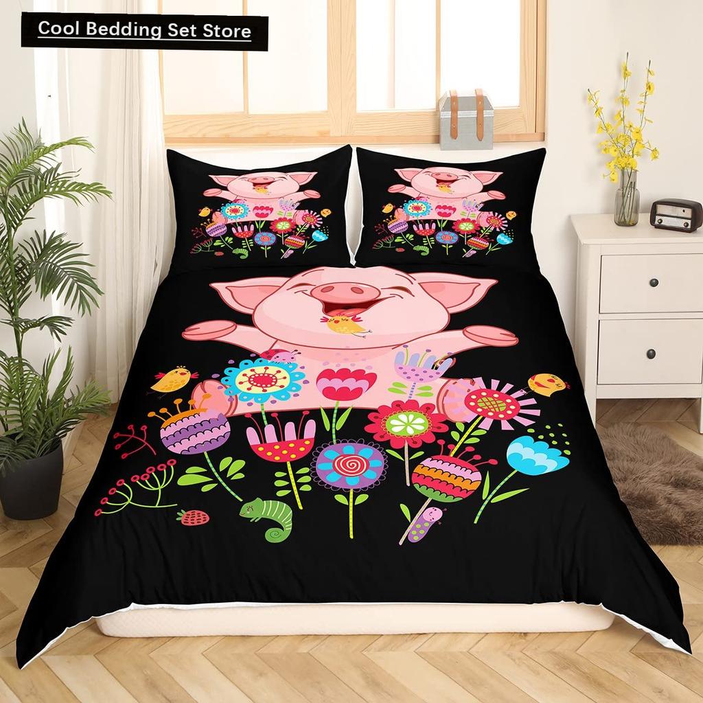 Cartoon Kawaii Pig King Queen Duvet Cover Happy Farm Animal Bedding Set Pink Piggy Quilt Cover 2/3pcs Polyester Comforter Cover