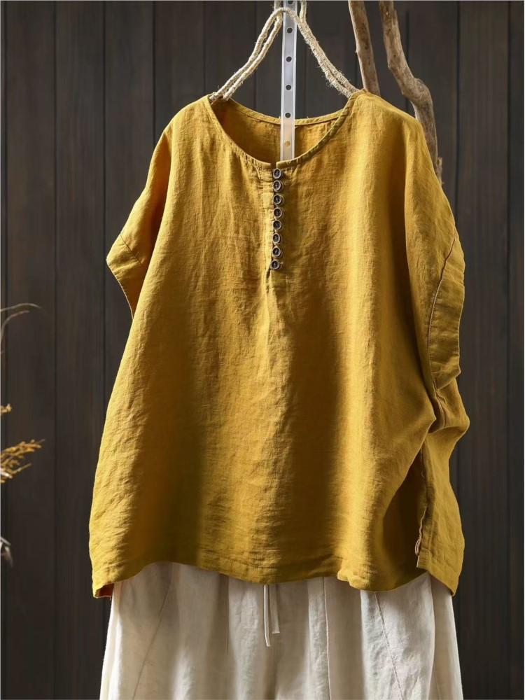 Johnature Women Vintage Button T-Shirts Solid Color O-Neck Sleeveless Summer Loose Button Female T-Shirts