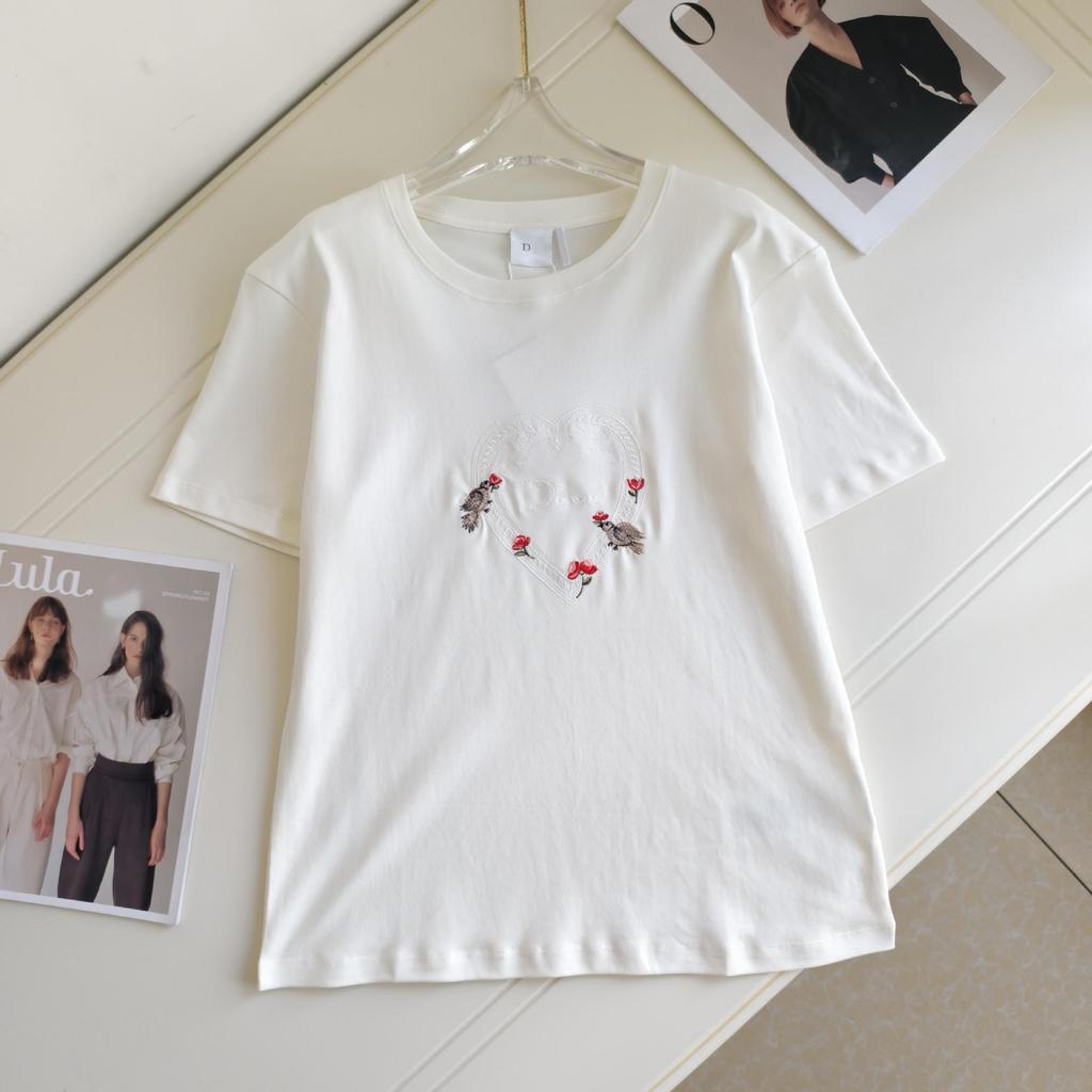 High-Quality Letter Heart Flower Embroidered Round Neck Casual Short Sleeve Top