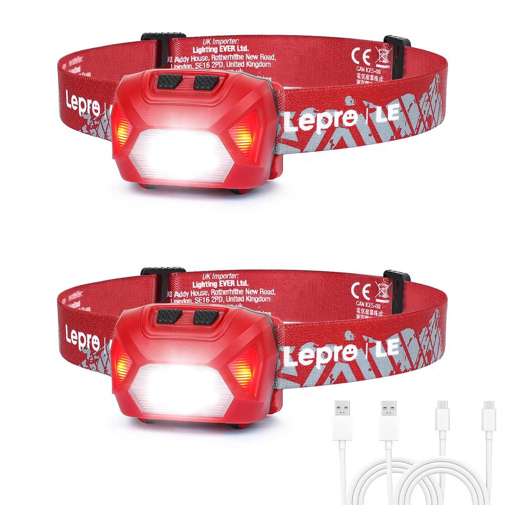 Lepro Rechargeable 300 Lumens LED Set of 2 Red Hours of IPX4 Ideal for Night Outdoor and Power Compact and Lightweight USB-C Headlamp, High-Brightness