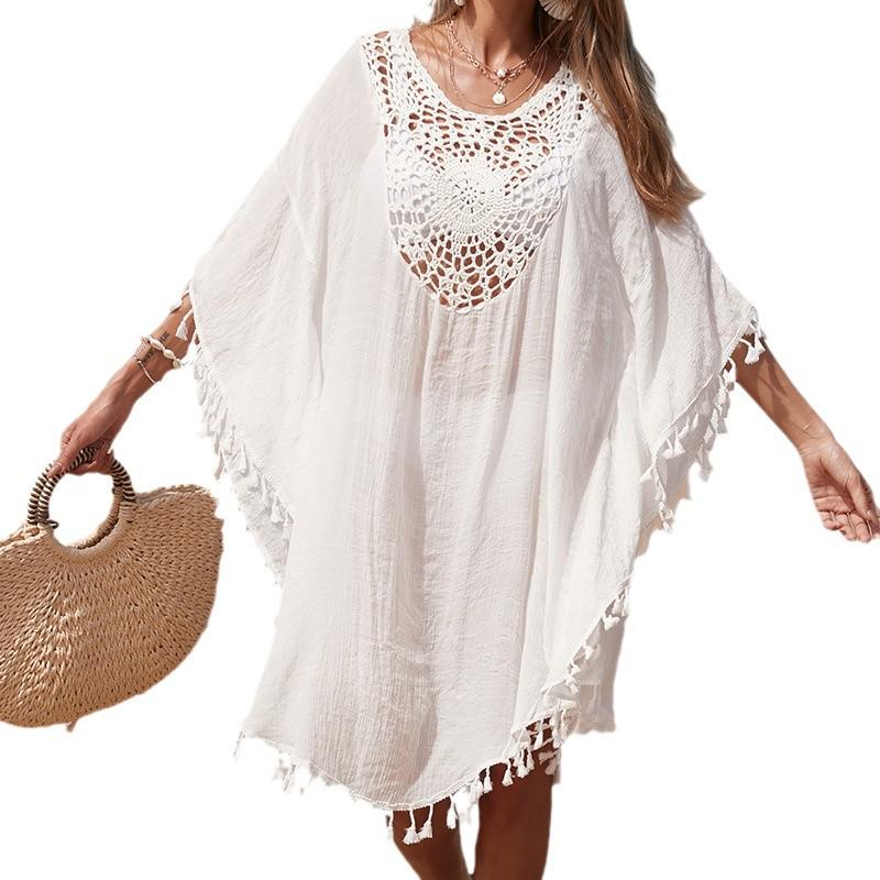 Cross-border Holiday Crochet Patchwork Tassel Beach Skirt and Sun Protection Cardigan Cover-up