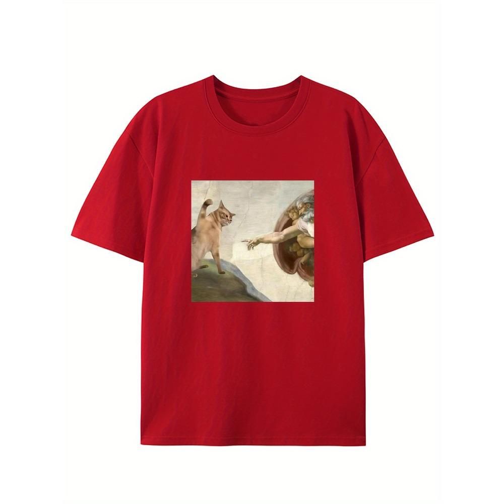 Humorous Cat Pattern T-shirt Casual Round Neck T-shirt Suitable for Adult Short Sleeved Summer Casual Fashion Top