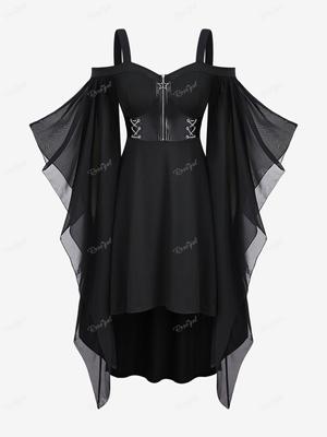 Rosegal Halloween Witch Costume Plus Size Cold Shoulder Mesh Butterfly Sleeves Zipper Lace Up Vintage Medieval Dress