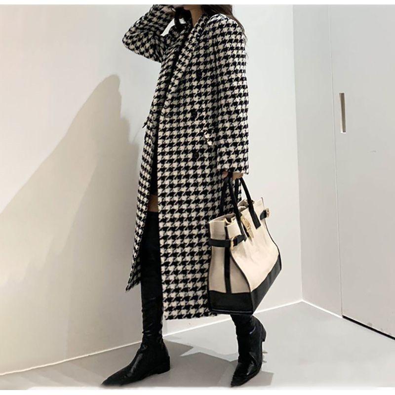 Women Autumn Winter Woolen Coat Women Double Breasted Coat Korean Houndstooth Mid-Length Woolen Coat Lady Winter Jacket