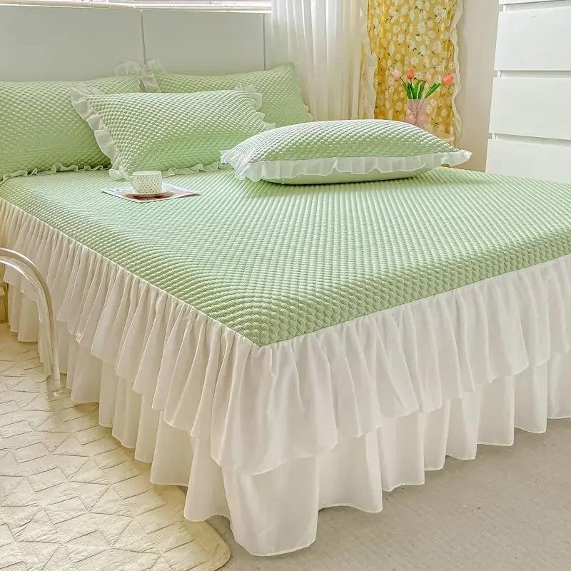 Summer Ice Cool Bed Skirt and Pillowcase Set Home Textiles Bedding Princess Style Fitted Bed Sheet Mattress Dust Cover Bedspread