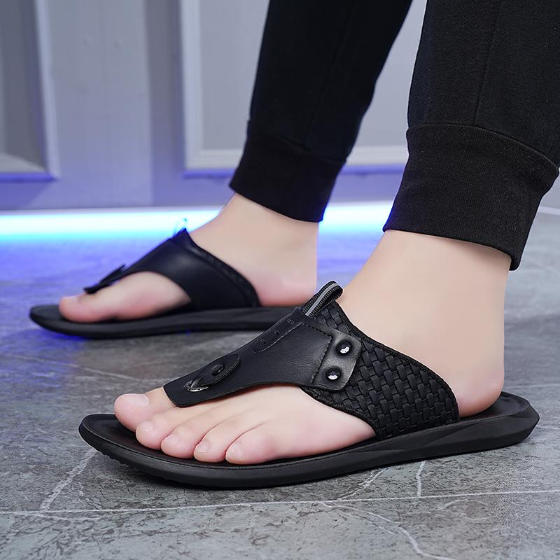 Men Flip Flops Flats Slippers Summer White Sandals Retro Black Leather Beach Shoes Plus Size