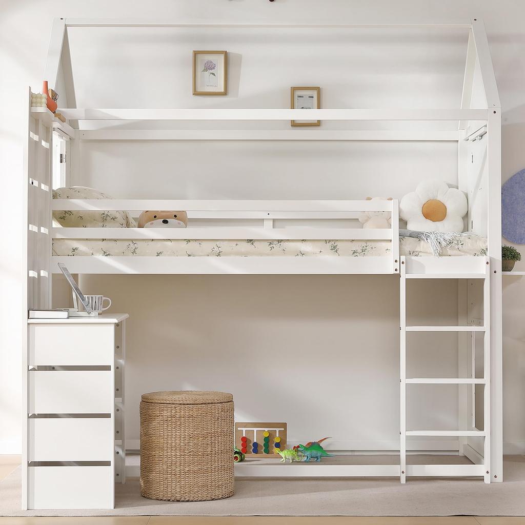 Hochbett 90x200cm Kinderbett Etagenbett Schreibtisch Regal Hausbett Rausfallschutz Fenster Dach Baumhausbett Kiefer MDF Weiß Ohne Matratze
