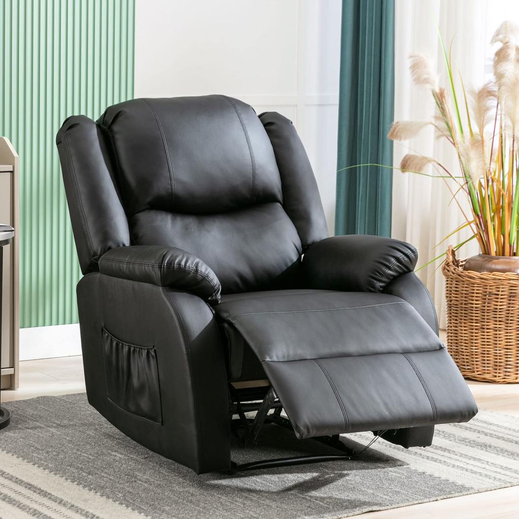 Recliner 130° Tiltable, Single Sofa Leg Rest, Pull-out Recliner PU Leather Armchair, Reclining Chair Side Pocket, Living Room, Black