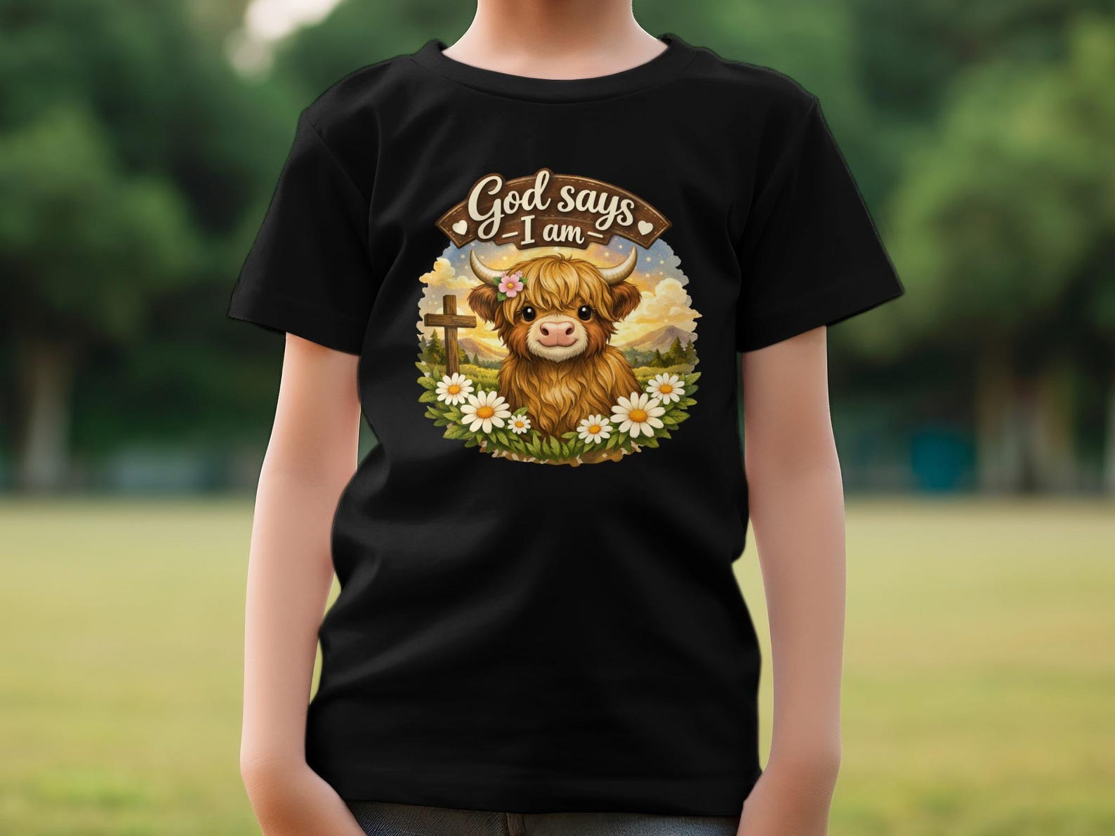 God Says I Am Highland Cow T-Shirt, Watercolor Daisy Cross Faith Tee L