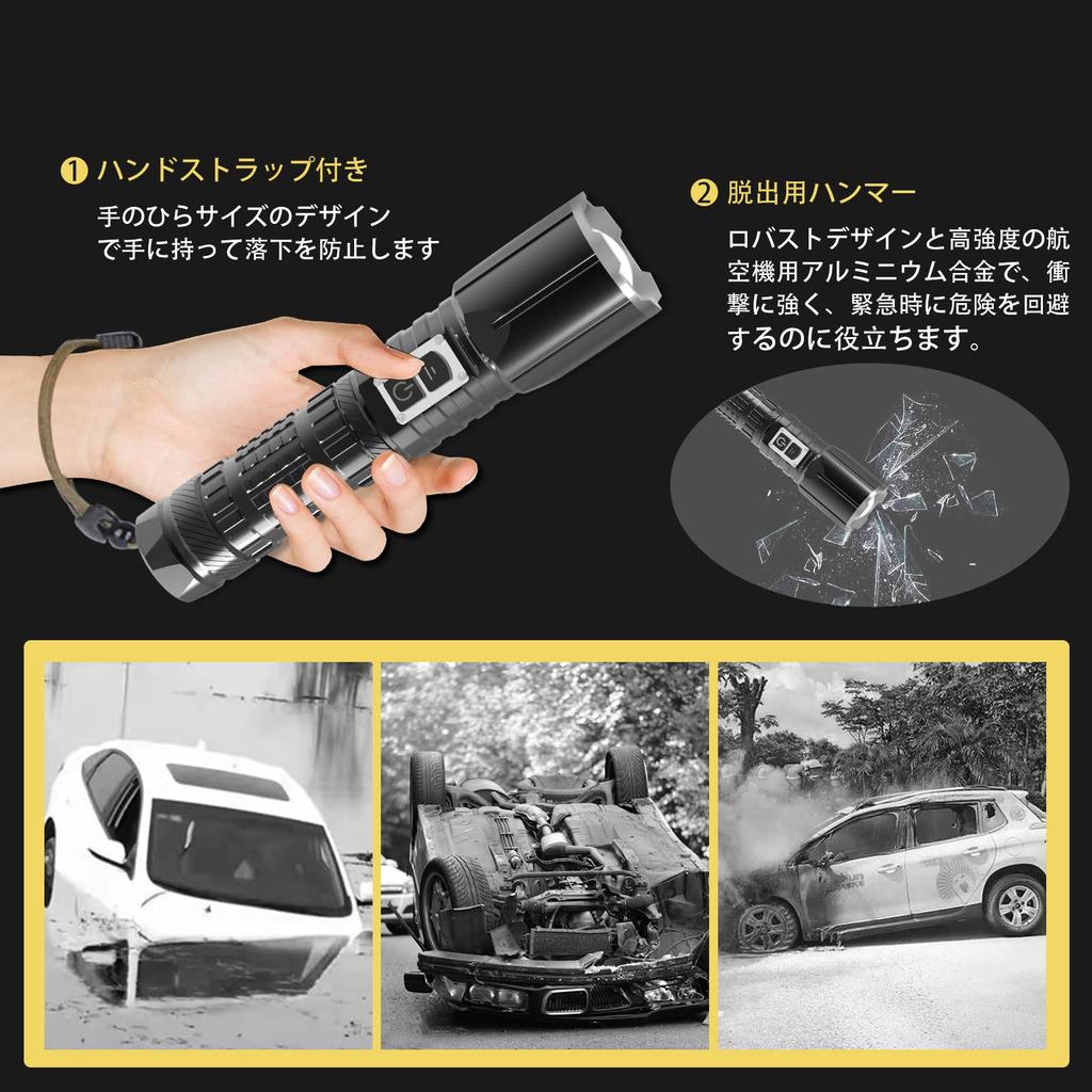 XHP160 LED USB Bright Flashlight with Zoom and 5 Dimming USB IPX6 Aluminum Disaster Earthquake 26650 Lithium Handheld Light Flashlight Powerful,