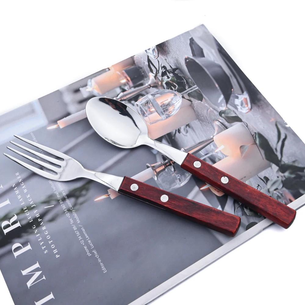 24Pcs 304 Stainless Steel Tableware Set Wood Handle Dinnerware Sets Silverware Steak Knife Fork Spoon Cutlery Kitchen