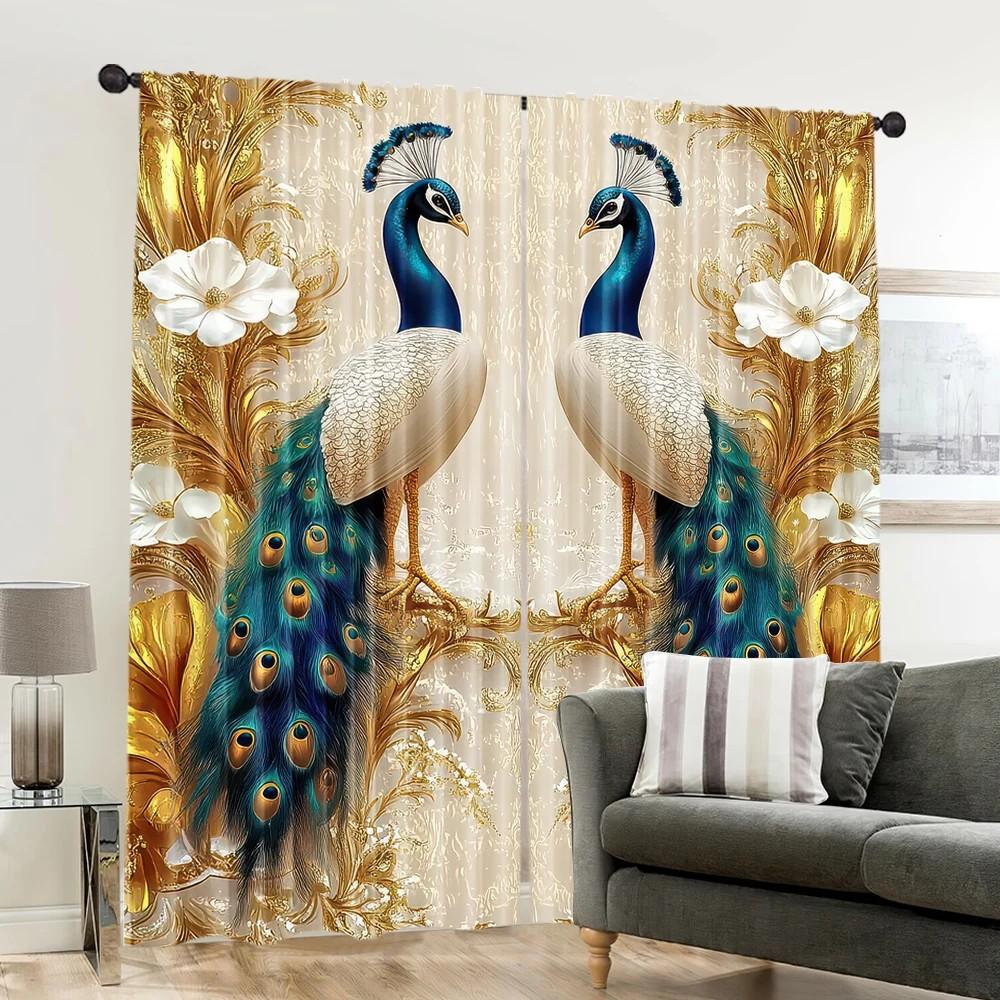Set Of 2 Elegant Jit Floral Peacock Curtains Polyester Drapes Living Room Bedroom Window Decor Curtain Light Blocking For Made With Rod Pocket