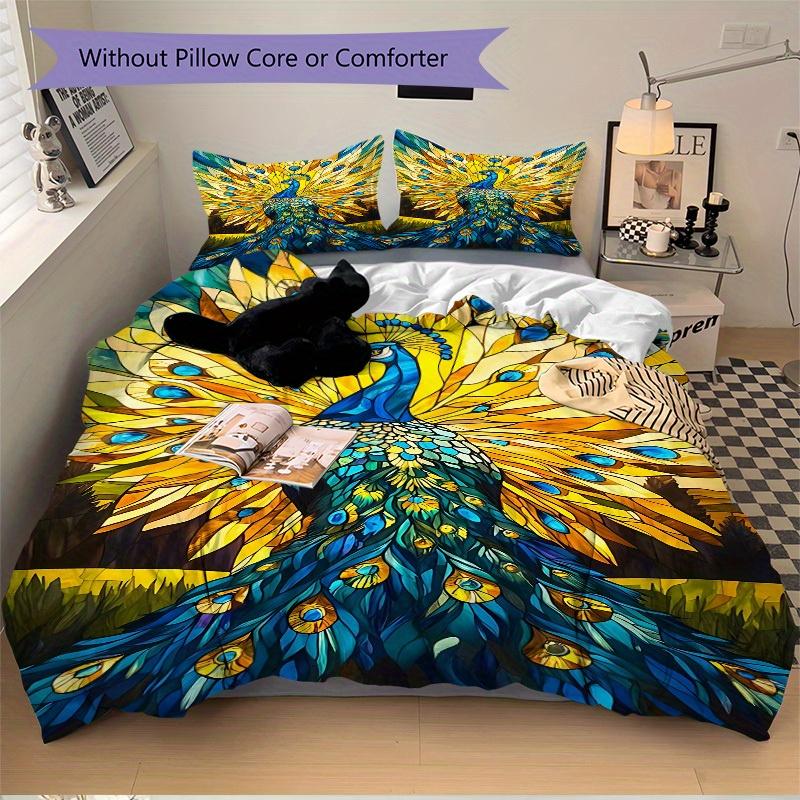 3pcs Peacock StainedGlass Bedding Cover Set, Fashion Classic Popular Print Bedding Set, Soft Comfortable, All Season Use, For Bedroom, Guest Rooma