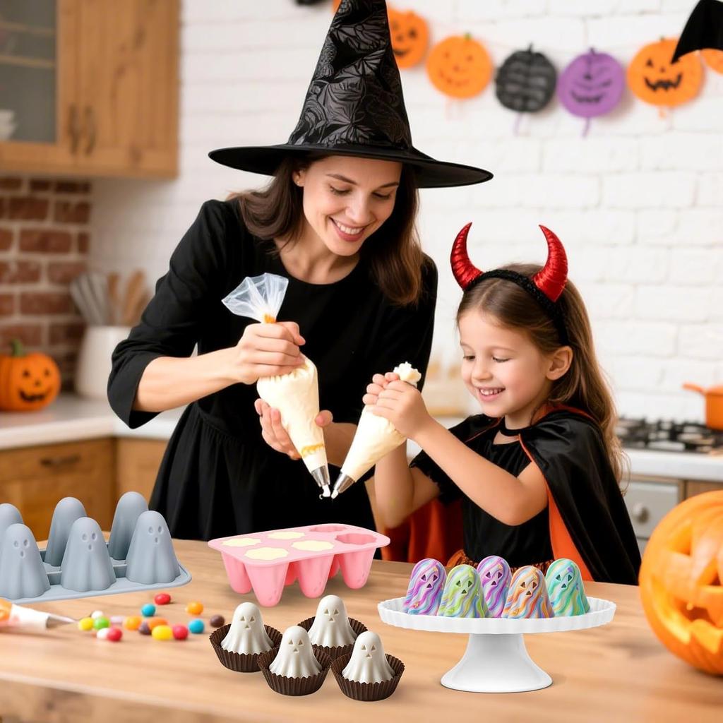 2Pcs Halloween Silicone Molds, 3D Ghost Silicone Mold for Food, Non-Stick Cute Ghost Cake Pop Mold for Jelly Chocolate Candy Gummy Crayon Resin