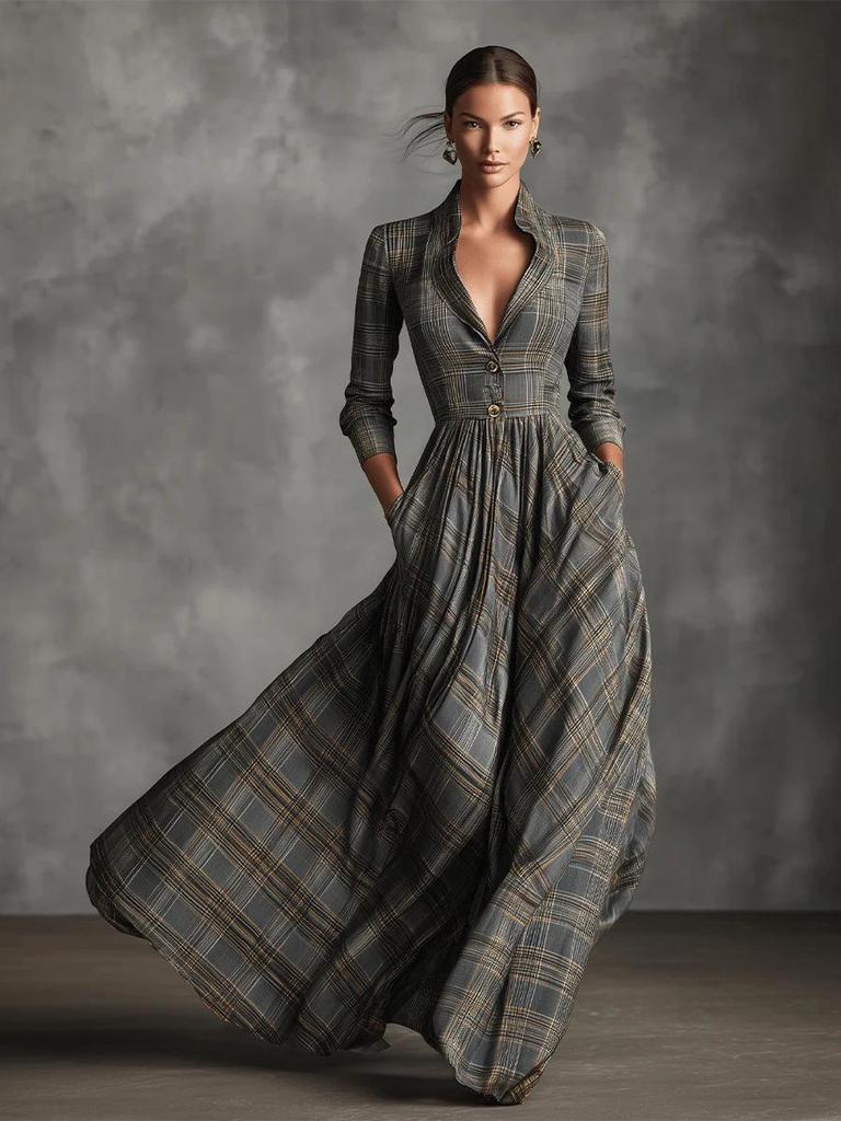 2025 European & American Women's Retro Plaid V-Neck Long Dress - Autumn/Winter Elegant French Style