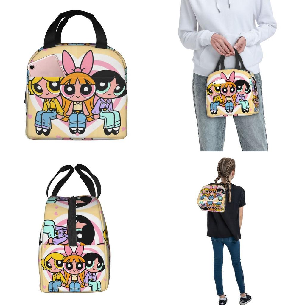 P-PowerPuffs Cartoon Three Girls Thermal Insulated Lunch Bag for Picnic Portable Bento Box Cooler Thermal Food Box