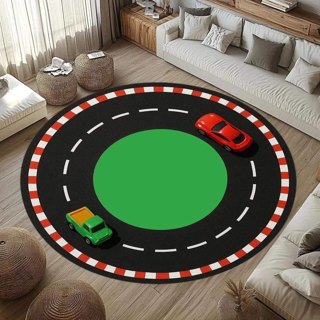 Fun Race Track Round Rug Soft Playful Floor Mat for Kids Room Living Room or Under Swivel Chair  Living Room Decoration Bedroom