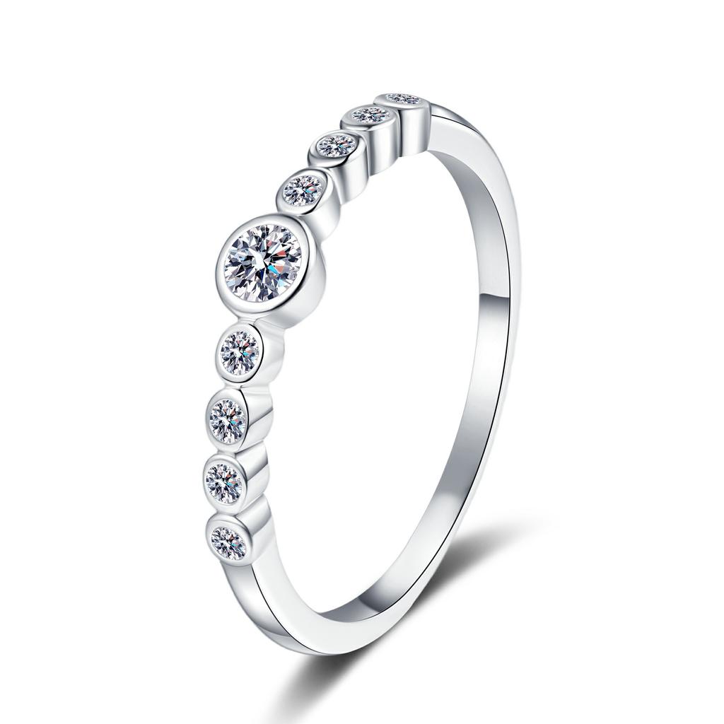 925 Sterling Silver Rhodium Plated GRA Certified Moissanite Bezel Set Row Ring Cut Center Stone Graduated Side Stones Minimalist
