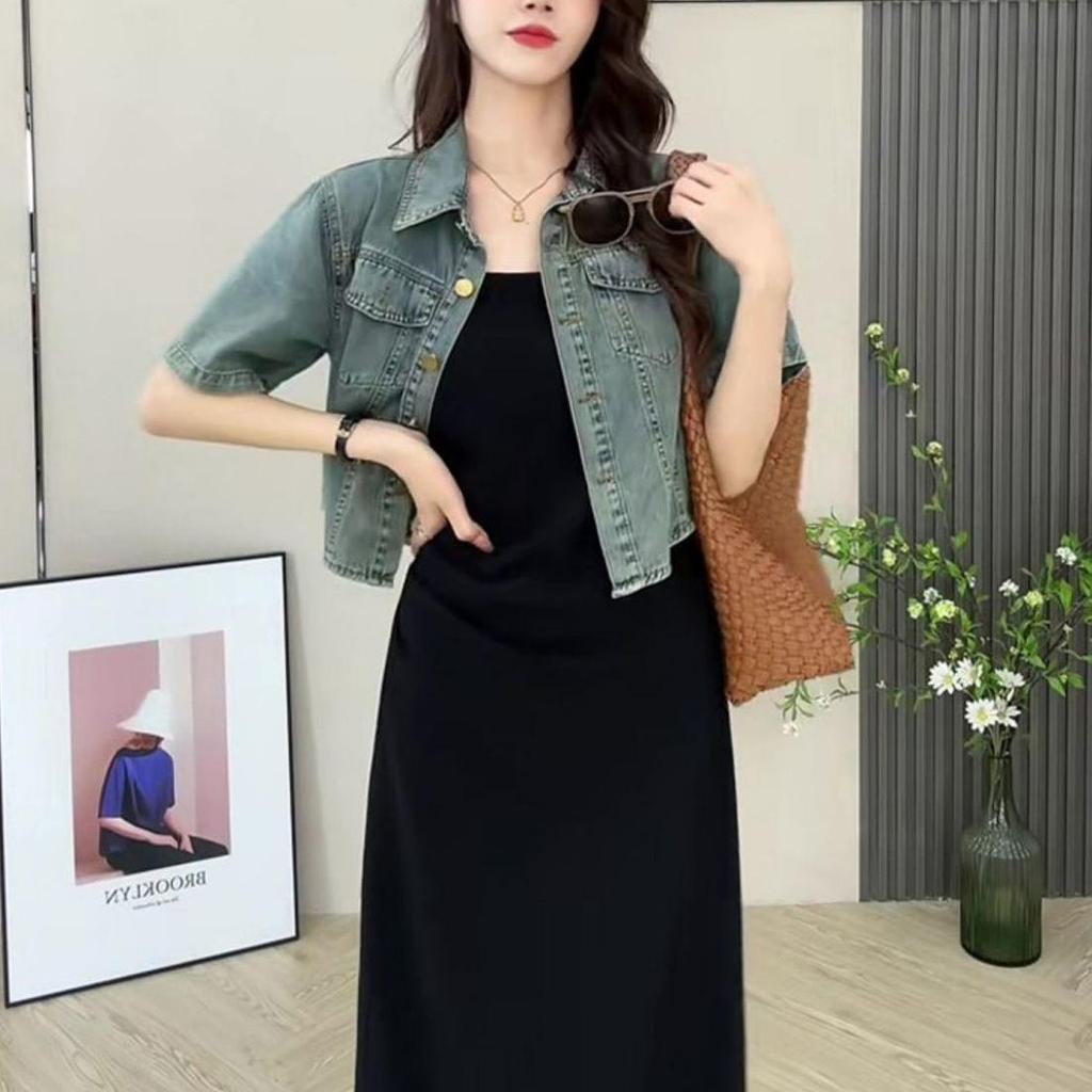 Women's Summer Retro Casual Suit: Short Sleeve Denim Jacket & Camisole Dress Set