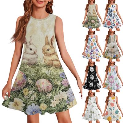 Girls Fashion Casual Sleeveless Round Neck Easter Printed Dress