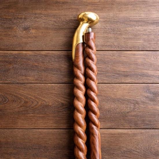 Handcrafted Twisted Spiral Wooden Walking Stick, Solid Brass Handle Cane