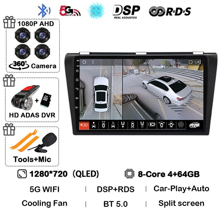 Android 14 Carplay Auto DSP Car Radio For Mazda 3 2003-2009 Mazda3 2din Multimidia Video Player Navigation GPS Stereo Head Unit