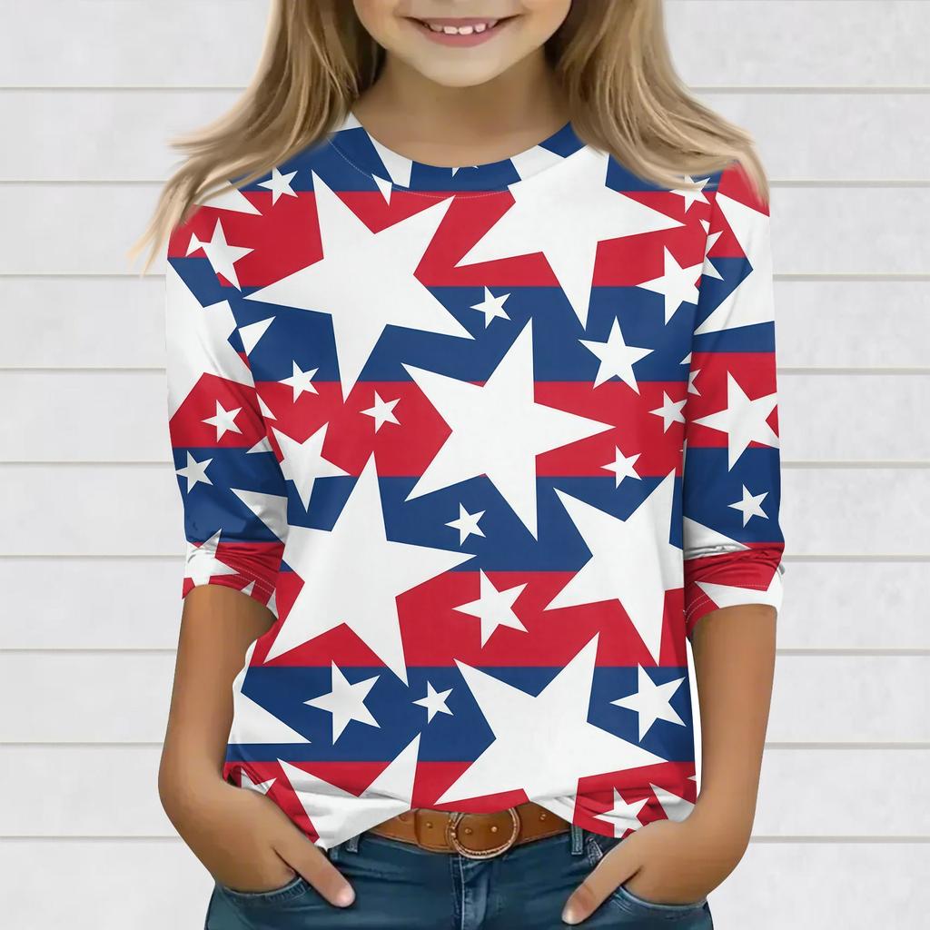 Print Tops For Youth Girls 3-10 Years Round Neck 3/4 Sleeves T-Shirts Trendy Tops Outfit Tees
